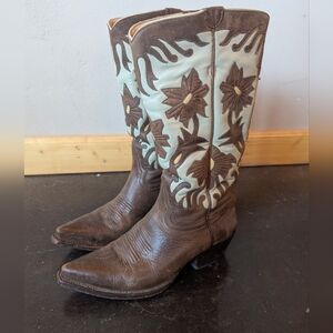 Handmade Sundance Brown and Cream Inlay Flower Leather Cowboy Boots Size 6 1/2